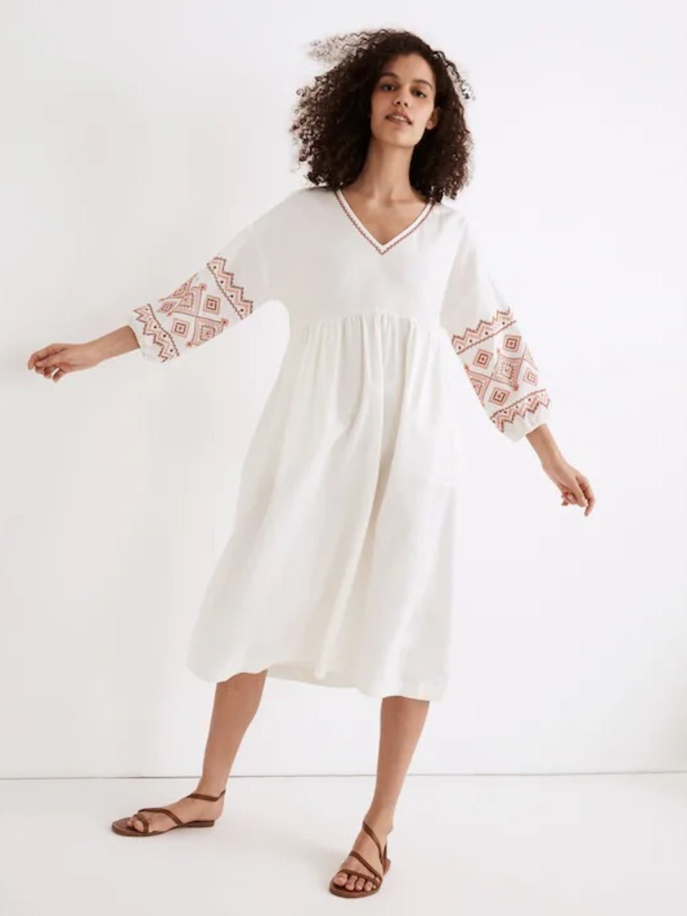 Madewell Embroidered Sleeve Popover Midi Dress XXS Ivory Linen Cotton Boho
